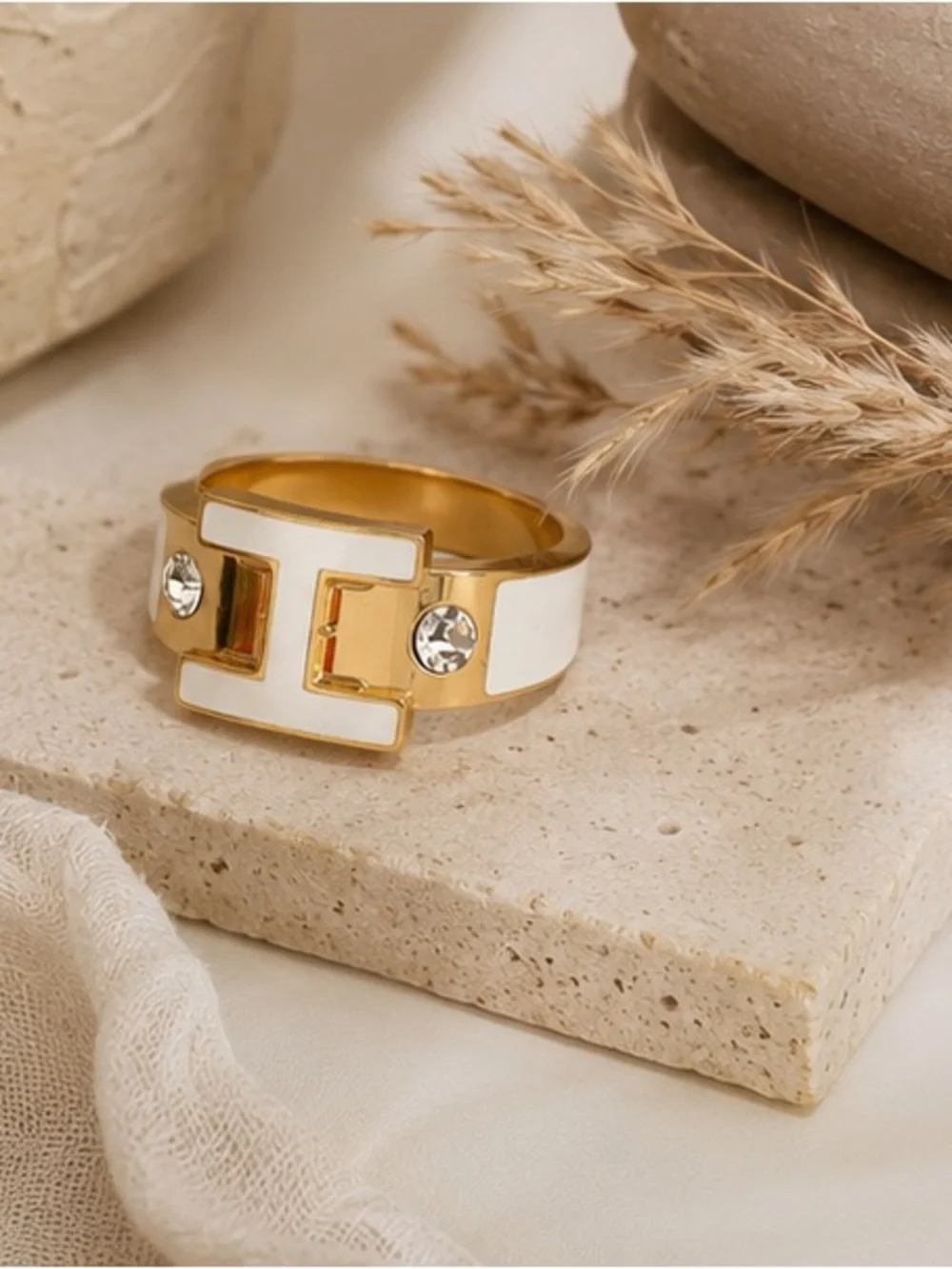Gold & White Enamel Crystal Statement Ring | Designer Inspired
